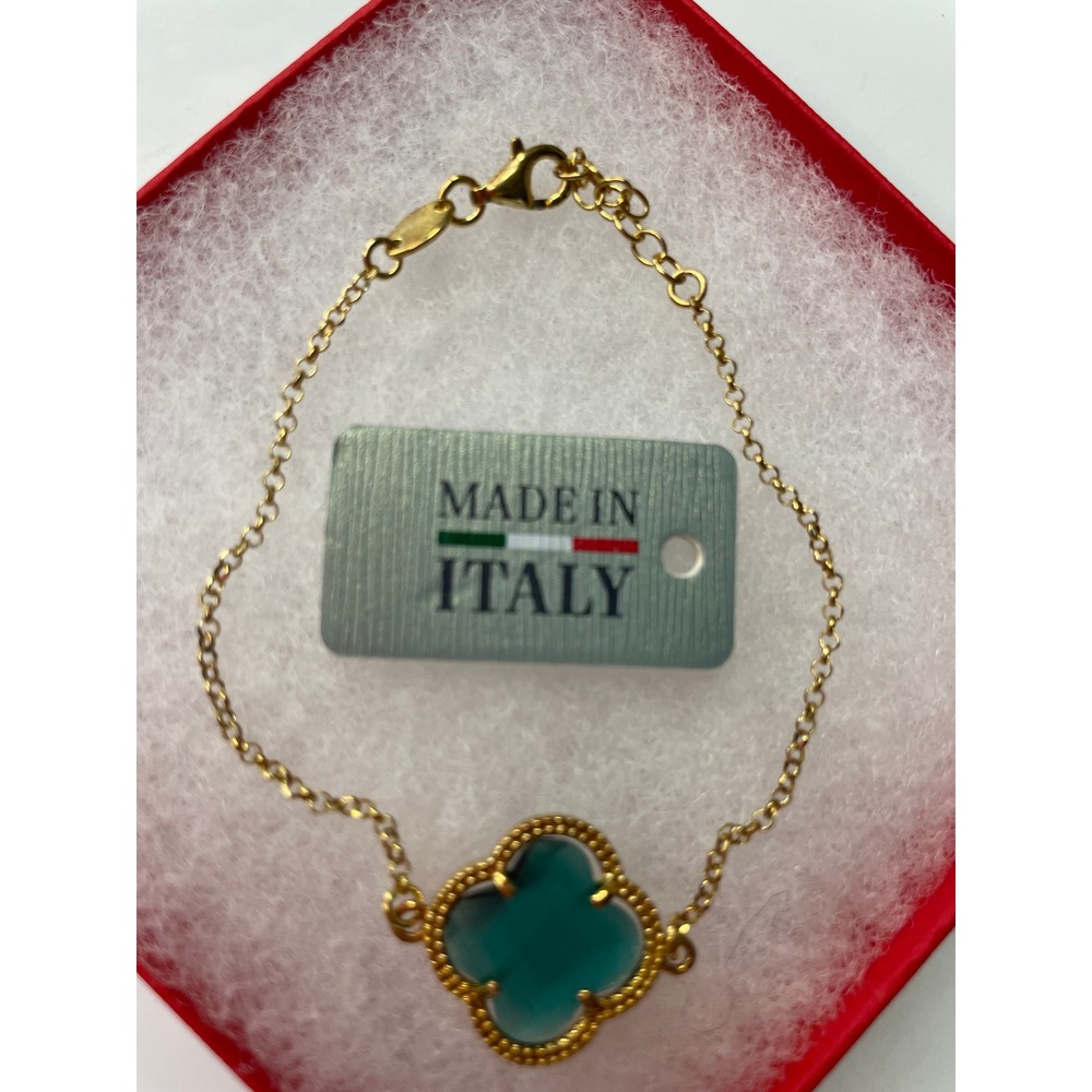 Mia Fiore Teal Green Quatrefoil Clover Gold Tone Chain Bracelet Adj. #793 - Picture 3 of 3
